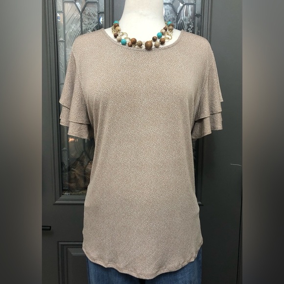 Adrianna Papell Taupe Dot Double Flutter Sleeve Top - Picture 1 of 8